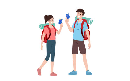 Group of young tourist characters. Traveling tourists with travel backpack going on vacation trip after virus was diminish. Vacation people isolated vector. Summer character, woman and man.のイラスト素材