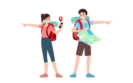 Group of young tourist characters. Traveling tourists with travel backpack going on vacation trip after virus was diminish. Vacation people isolated vector. Summer character, woman and man.のイラスト素材
