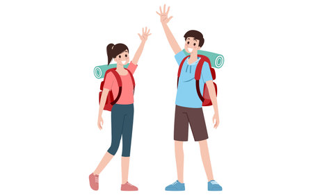 Group of young tourist characters. Traveling tourists with travel backpack going on vacation trip after virus was diminish. Vacation people isolated vector. Summer character, woman and man.のイラスト素材