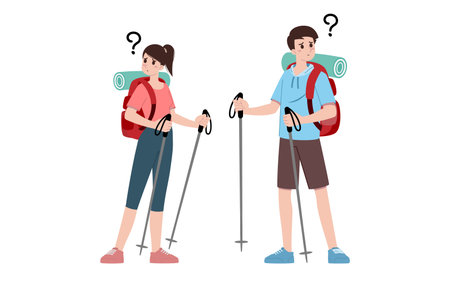 Group of young tourist characters. Traveling tourists with travel backpack going on vacation trip h. Vacation people isolated vector. Summer character, woman and man.のイラスト素材