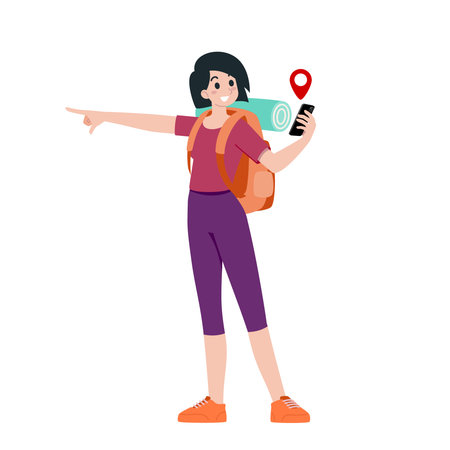 Young happy woman tourist flat cartoon character. Traveling people on summer vacation trip, Isolated on white background.のイラスト素材