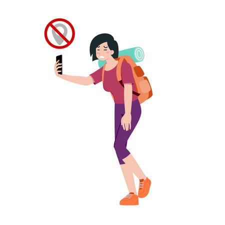 Young happy woman tourist flat cartoon character. Traveling people on summer vacation trip, Isolated on white background.のイラスト素材