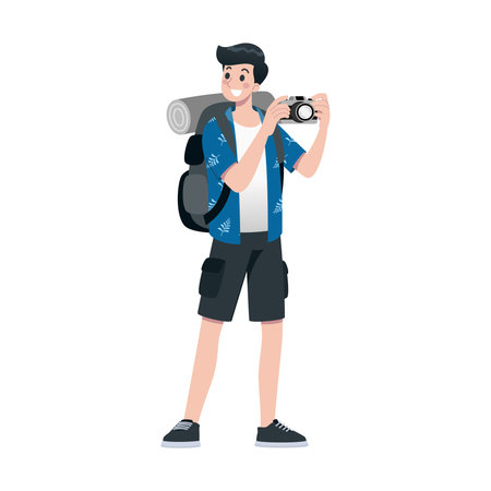 Young happy man tourist flat cartoon character. Traveling male people on summer vacation trip, Isolated on white background.のイラスト素材