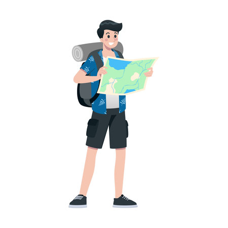 Young happy man tourist flat cartoon character. Traveling male people on summer vacation trip, Isolated on white background.のイラスト素材