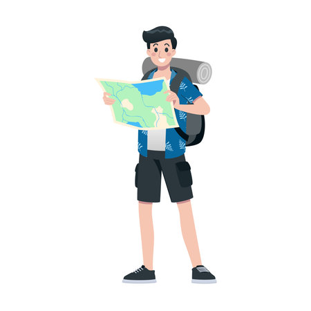 Young happy man tourist flat cartoon character. Traveling male people on summer vacation trip, Isolated on white background.のイラスト素材