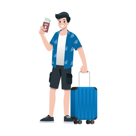 Young happy man tourist flat cartoon character. Traveling male people on summer vacation trip, Isolated on white background.のイラスト素材
