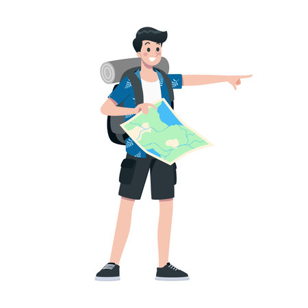 Young happy man tourist flat cartoon character. Traveling male people on summer vacation trip, Isolated on white background.のイラスト素材