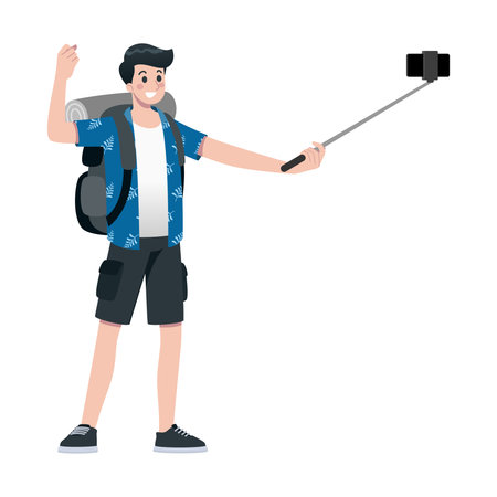 Young happy man tourist flat cartoon character. Traveling male people on summer vacation trip, Isolated on white background.のイラスト素材