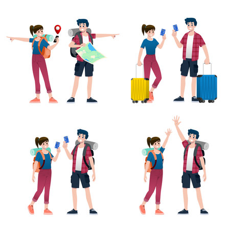 Young happy man and woman tourists flat cartoon character. Around the world traveling male and female people on a summer vacation trip, Isolated on white background.のイラスト素材