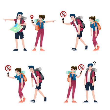 Young happy man and woman tourists flat cartoon character. Around the world traveling male and female people on a summer vacation trip, Isolated on white background.のイラスト素材