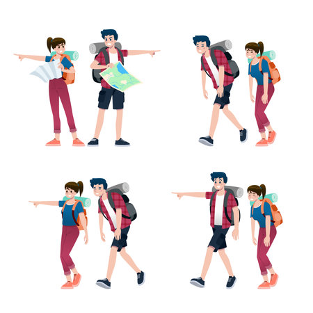 Young happy man and woman tourists flat cartoon character. Around the world traveling male and female people on a summer vacation trip, Isolated on white background.のイラスト素材