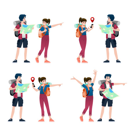 Young happy man and woman tourists flat cartoon character. Around the world traveling male and female people on a summer vacation trip, Isolated on white background.のイラスト素材