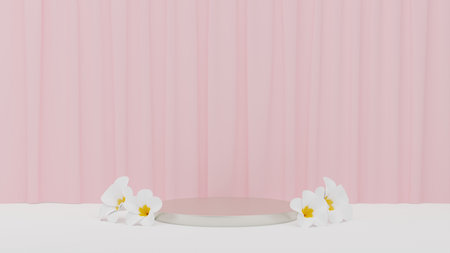 3d geometric shape form rendering in minimal scene podium showcase, shop front, display mockup case and stage for cosmetic premium product presentation placement with empty blank space.の写真素材