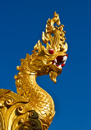Golden dragon statue isolated on blue backgroundの写真素材