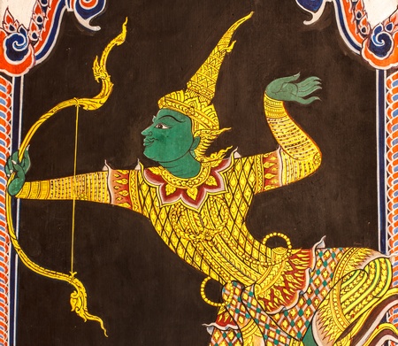 Thai style painting art on wat wall at Bangkok,Thailandのeditorial素材