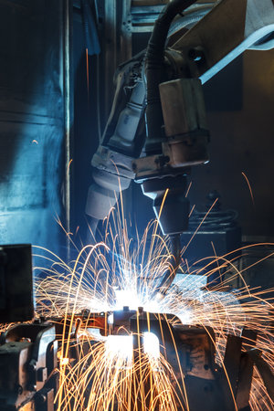 robots welding in a car factoryの写真素材