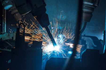 Welding robots movement in a car factoryの写真素材
