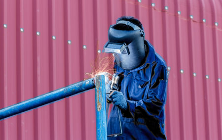 worker with protective mask welding metal