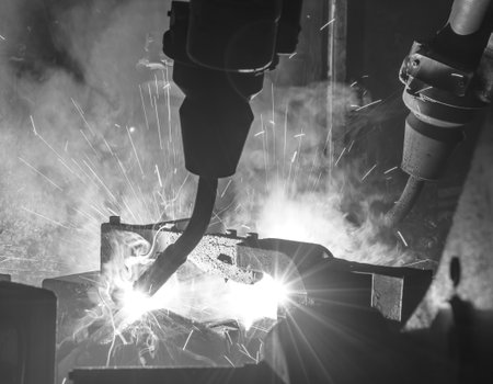 Welding robots movement in a car factory