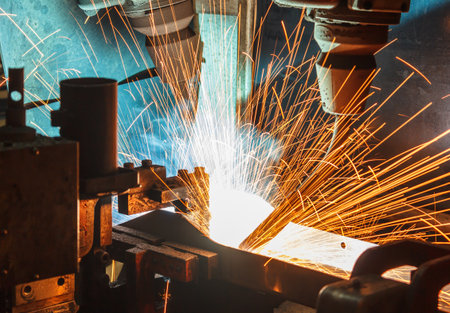Welding robots movement in a car factoryの写真素材
