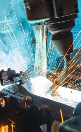 Welding robots movement in a car factory