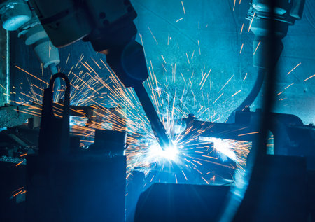 Welding robots movement in a car factory
