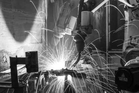 The movement of the welding robot in a car factoryの写真素材