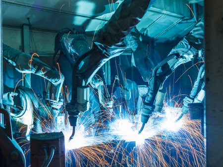 Team welding robots represent the movement in the automotive parts industry