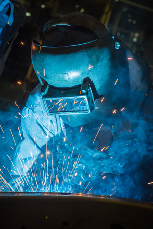 worker with protective mask welding metalの写真素材