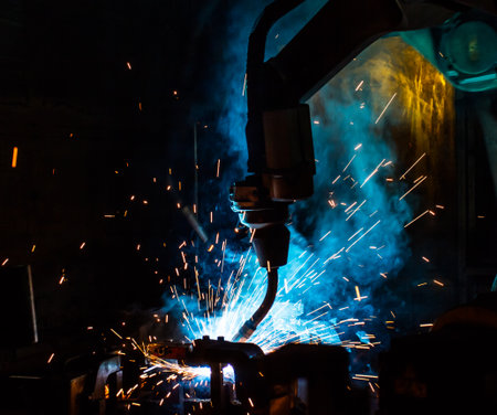 Welding robots movement in a car factory