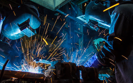 The movement of workers with protective mask welding metal.