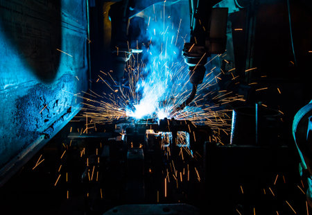 Welding robots movement in a car factory