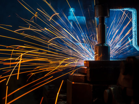 The welding robots represent the movement in the automotive parts industryの写真素材