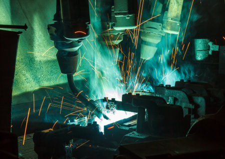 Welding robots movement in a car factory
