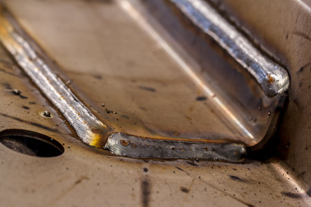 welding seam onto steel sheet metal Industrial steel welder in factoryの写真素材