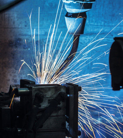 The welding robots represent the movement in the automotive parts industryの写真素材