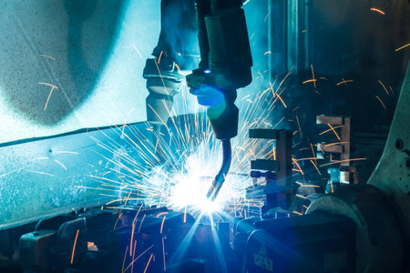 Welding robots movement auto parts in a car factoryの写真素材