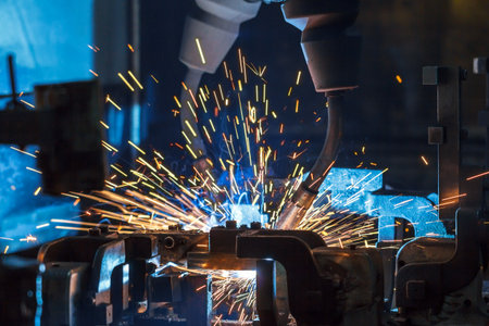 Automatic welding robots movement in a car factory