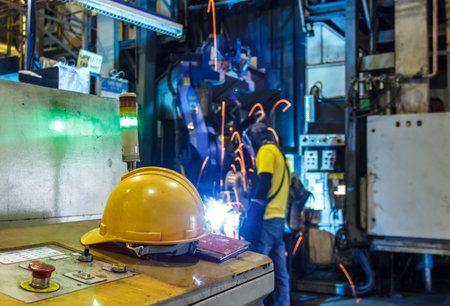 Protective headgear, Engineers protection and worker in area industrialの写真素材