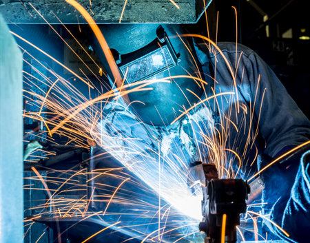 Worker with protective mask welding metal, knowledge to take action Gas welding car industry