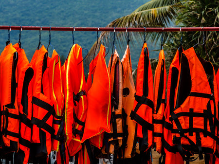 Life jacket save your life hanging near the seaの写真素材