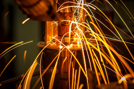 Motion Welding robots in a car factory with sparks, manufacturing, industry, factoryの写真素材