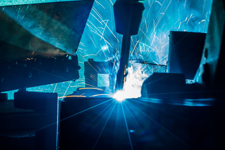 The Light Welding robots movement in a car factory, manufacturing, industry, factory