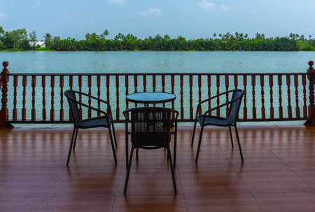 Waterfront restaurant dining, outdoor furnitureの写真素材