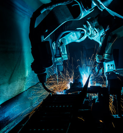 The Motion Welding robots in a car factory with sparks, manufacturing, industry, factoryの写真素材