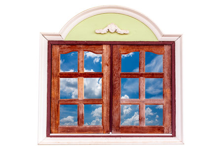 Wooden window frame with beautiful skyの写真素材