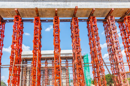 steel scaffolding in a bridge construction site, foundation of a large bridge construction.の写真素材