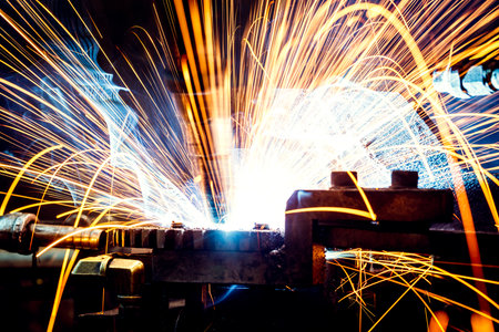 The movement of the robot welding in an auto parts factory.の写真素材