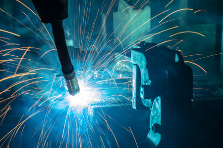 The movement of the robot welding in an auto parts factory.の写真素材