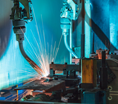 The movement of the robot welding in an auto parts factory.の写真素材